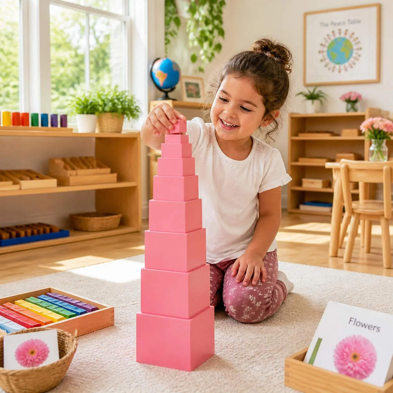 Bambina che costruisce la torre rosa in un'aula Montessori